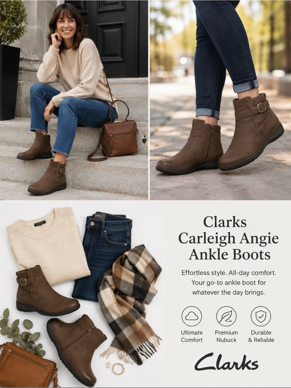 Angie Brown Nubuck Ankle Boots with Buckle Accent SZ 7 NWT CLARKS